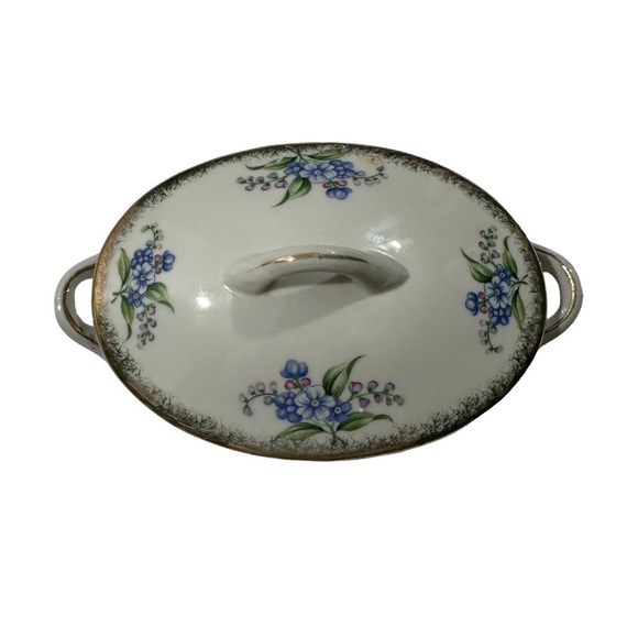 Vtg Forget Me Not White & Blue Flowers Glazed Stoneware Trinket Dish & Lid 7x4” - Picture 2 of 11